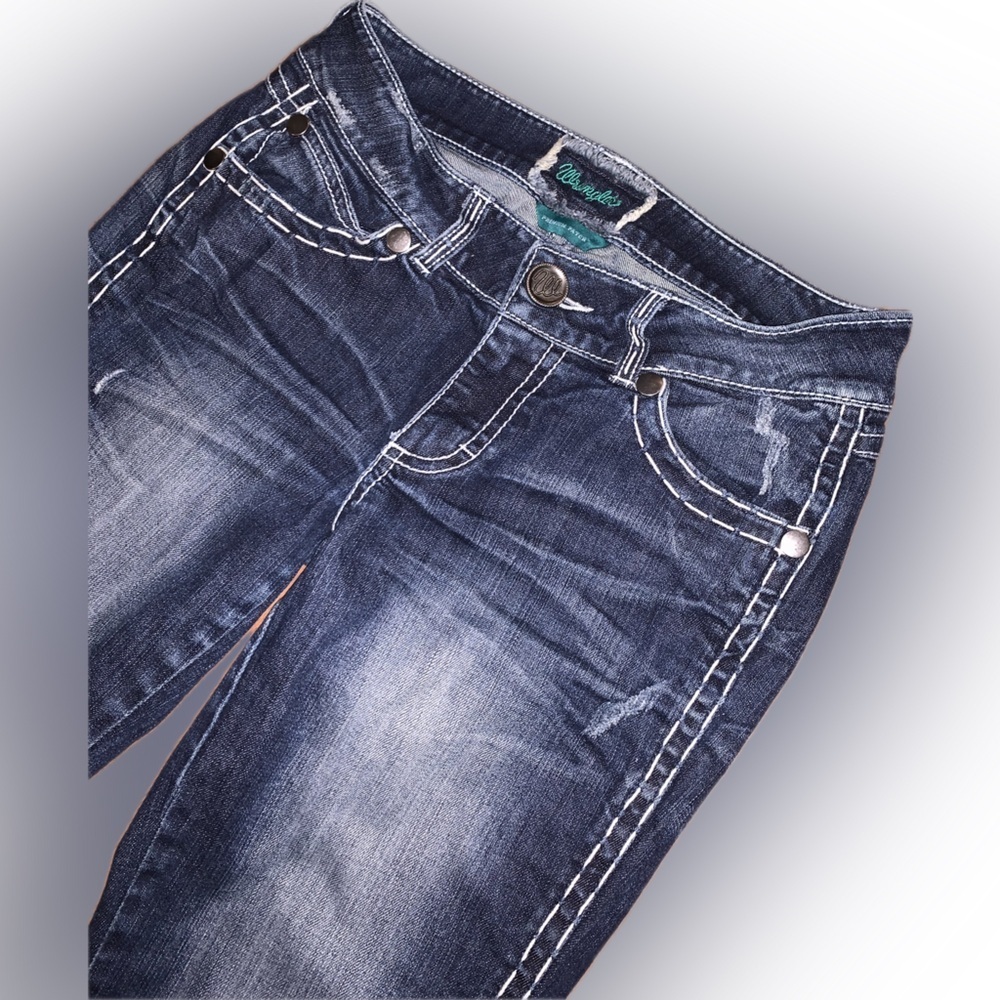 Wrangler Premium Patch Studded Bejeweled Distressed Y2K Flare Low Rise Jeans 5/6 - Picture 4 of 11